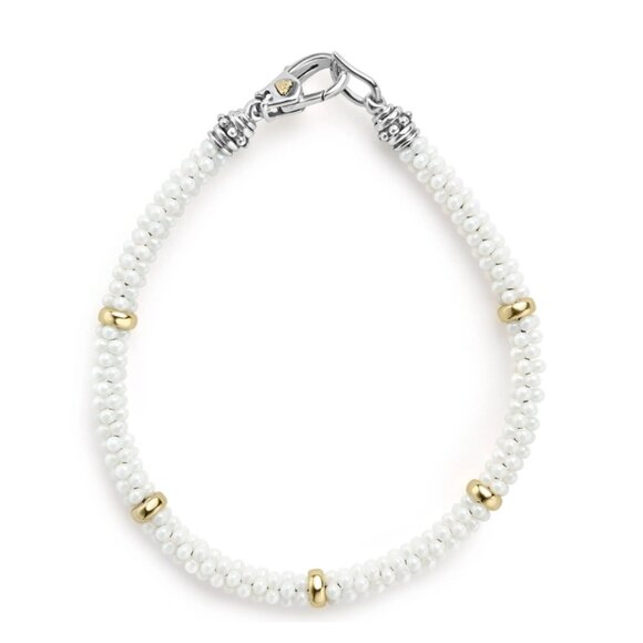 White Caviar Five Gold Station Ceramic Bracelet | 5mm from Lagos Size M(7) - Picture 1 of 11
